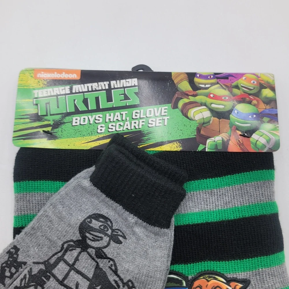 TMNT Boys Hat Glove and Scarf Set Nickelodeon Ninja Turtles Green Black Striped
